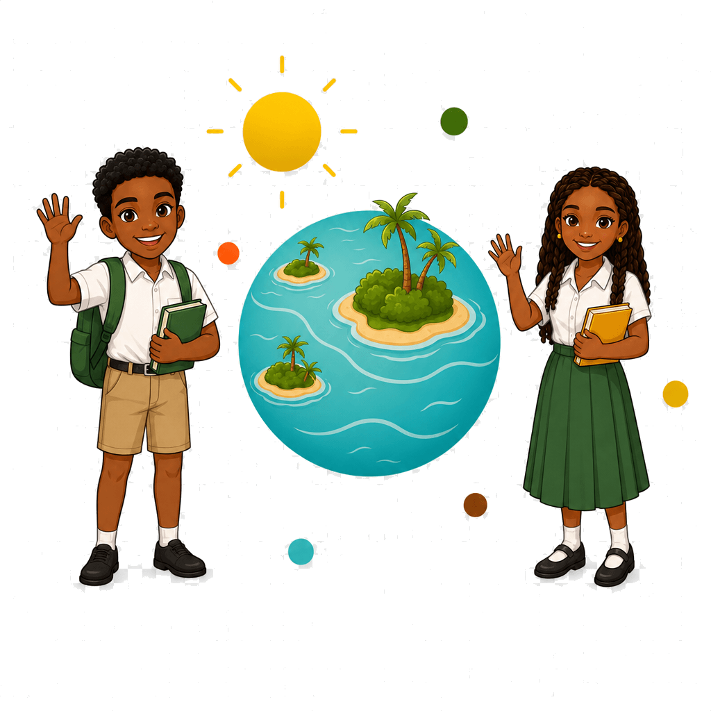 Two diverse Caribbean children learning with a colorful island world between them